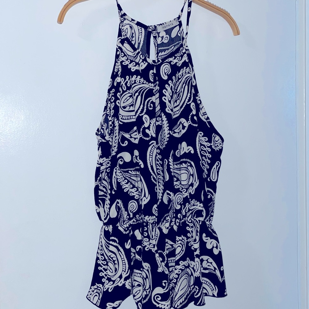 *Papaya Chiffon Black & White Peplum Top Shirt Size Large Cutout Back